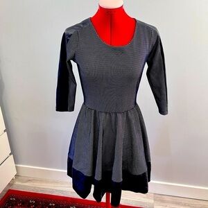 Les Femme Blue and white Zipper back midi dress with navy “leather “ accents S.2
